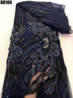 Tissu en dentelle perlée à plumes de paon, résistant et exclusif, tissu brodé en maille et sequins pour les mariages et les fêtes