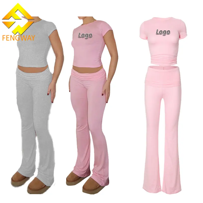 Conjunto de calças femininas 2 peças Spring 2024, top cropped + leggings, roupa casual elástica de cor sólida