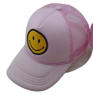 Wholesale 5 Panel Sport pink smiley face children with rope custom patch logo anime cartoon foam mesh trucker cap hat