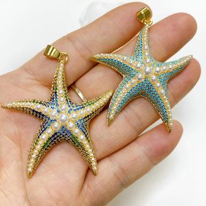 Musim panas gaya baru Pave permata mutiara manik-manik biru bintang laut desain liontin untuk membuat kalung berlapis emas kuningan perhiasan untuk wanita pria - Product Image 1