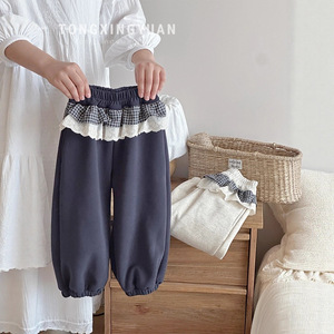 Baby Girls Fleece-<b>Lined</b> Sweatpants Solid Color Plaid Trim Jogger <b>Pants</b> Winter Thickened <b>Pants</b> With Butt Curtain - Product Image 2