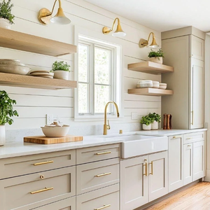 Système <span class=keywords><strong>de</strong></span> cuisine minimaliste en bois clair : armoires à poignées noires, évier et <span class=keywords><strong>plaque</strong></span> <span class=keywords><strong>de</strong></span> <span class=keywords><strong>cuisson</strong></span> intégrés, éclairage encastré - Product Image 2