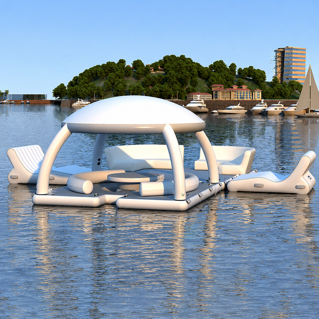 Inflatable Water Bar, Floating Platform with Canopy, Inflatable Sofa, Yacht Connectable Floating Dock for Marine Recreation