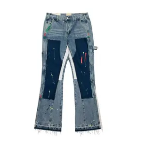 Jeans Sobek Mikro Yang Dilukis dengan Tangan, Jeans Pria Denim Mentah All-In-One Cross Amerika High Street Warna Sobek Ketat dan Tinggi