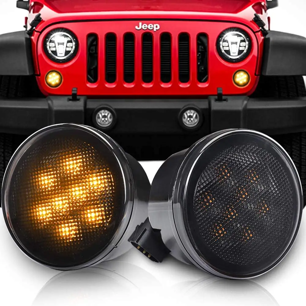 OVOVS Lampu Sein Rakitan LED Amber Smoke Lens Fender Menyala Indikator Depan Lampu Parkir untuk Jeep Wrangler JK