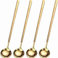 Cuillère ronde petite en acier inoxydable de style coréen, cuillère à café, cuillère à thé au lait, cuillère à glace, cuillère à dessert, manche long doré