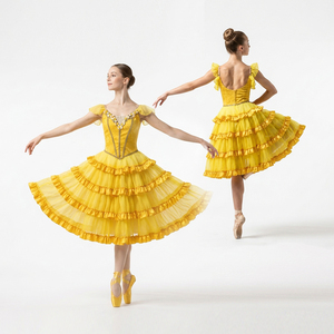 Robe de ballet romantique jaune à fleurs, à bretelles spaghetti, à volants étagés, style tutu de danse paysanne, pour Don Quichotte, robe de ballet multicouche - Product Image 2