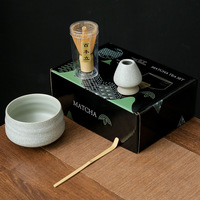 Ensemble de thé matcha coloré 4 pièces - Bambou et céramique de qualité supérieure - Fouet, bol, cuillère et support - Cadeau idéal pour les amateurs de thé