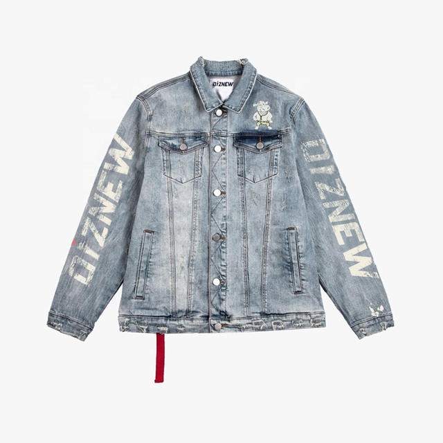 DiZNEW DongGuan High Quality Destroyed Blue Painted Denim Jeans Jacket for Men