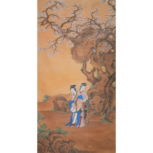 Pergamena d'Arte Vintage Cinese Dipinta a Mano con Figura Femminile e Fiori di Prugna per Arredamento Casa e Collezione - Product Image 3