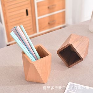 Diamond Shaped Wooden <b>Pen</b> Holder Square Office Desk Storage <b>Box</b> Simple Stationery Organizer Walnut And Beech Wood - Product Image 2