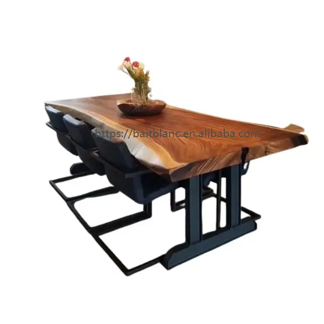 2021 Furnitur Industri Modern Live Edge Lempengan Kayu Walnut Solid Meja Makan Restoran