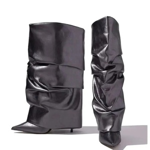Botas de tacón alto fino con pliegues y punta fina para mujer, de cuero mate, hasta la rodilla, estilo pantalón, tipo botín. - Product Image 5