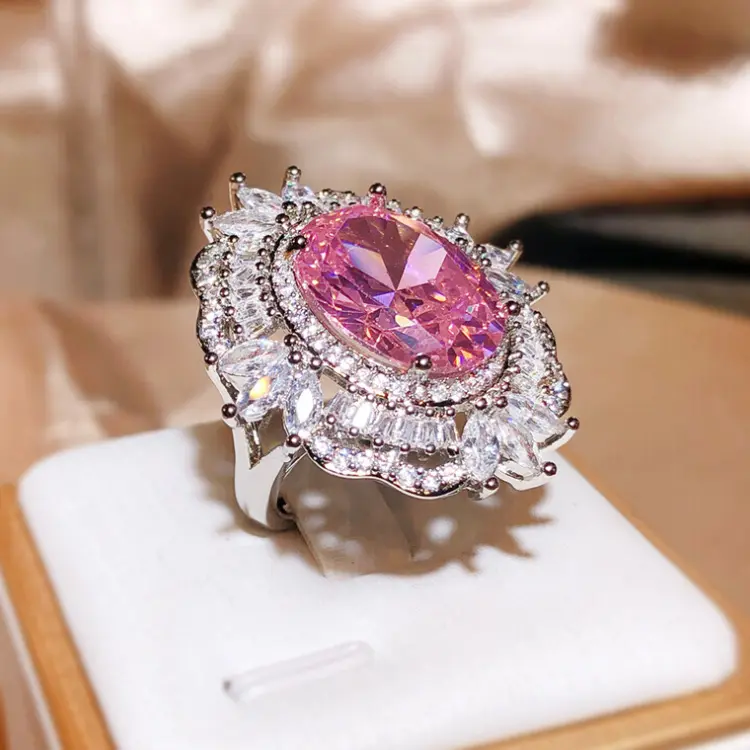 KYRA01958 Luxury Jewelry Oval Shape Pink Gemstone Wedding Ring High Quality Cluster Ring For Women