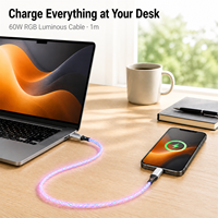 Câble USB PD 60W, design lumineux, alliage d'aluminium, câbles USB de type C compatibles avec ordinateur portable, moniteur, téléphone portable