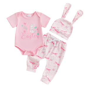 Conjunto de <span class=keywords><strong>pijama</strong></span> de 3 piezas con temática de Pascua para bebé, mono de <span class=keywords><strong>manga</strong></span> <span class=keywords><strong>corta</strong></span> con estampado de conejito de dibujos animados, pantalones largos con sombrero, ropa de dormir infantil - Product Image 3