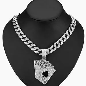 Iced Out 15mm Cuban Chain With Alloy And Bling Rhinestone Hip Hop Playing Cards Pendant Necklace