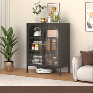 Armoire en acier avec étagères réglables, buffet métallique avec portes en verre cintrées, meuble <span class=keywords><strong>de</strong></span> rangement en acier pour cuisine et salon - Product Image 1