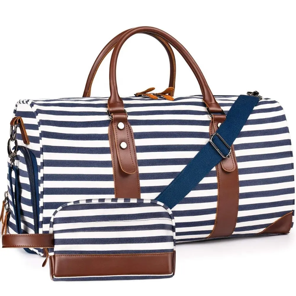 Weekender-bolsas de lona impermeables personalizadas, bolso de lona de cuero, bolso de mano de viaje nocturno con funda para equipaje
