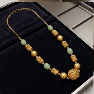 Antique 925 Silver <b>Necklace</b> with Light Green and Gold Beads Long Chain Mala <b>Statement</b> Jewelry for Women Wedding and Party Wear - Product Image 4
