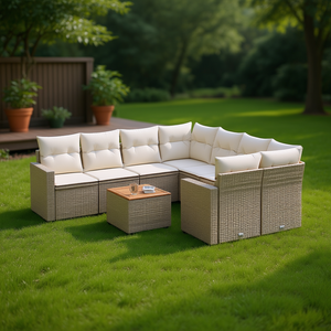 ชุดโซฟาหวายกลางแจ้งสีเบจพร้อมเบาะโฟมความหนาแน่นสูง ดีไซน์ร่วมสมัย ทนทานสำหรับใช้ในลานบ้าน - Product Image 2