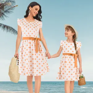 Fashion Summer Flying Sleeve Wave Point Print Sweet Mommy Girl Dress Family Matching Outfits