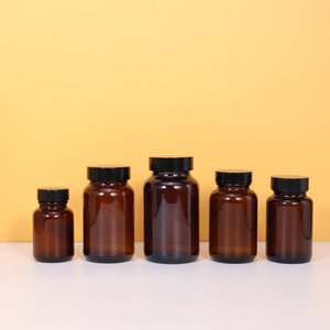 Disponibile Bottiglia in Vetro Ambrato a Bocca Larga 60-200g, Bottiglia da Laboratorio con Tappo Nero Sigillato, Flacone Farmaceutico - Product Image 1