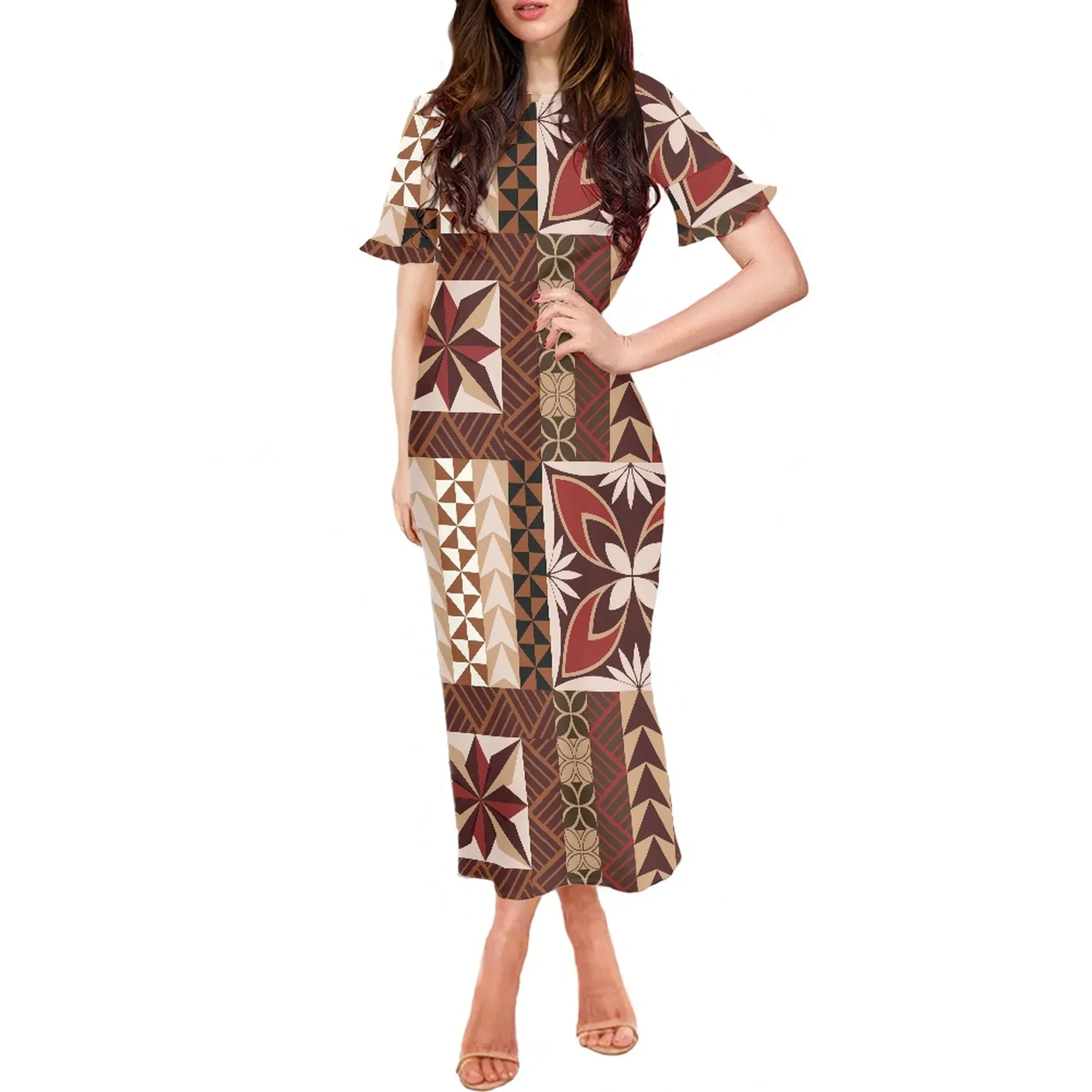 Полинезийское платье с оборками на рукавах, весна-лето, женская одежда, дышащая юбка с коротким рукавом, вечерние платья с индивидуальным логотипом, без минимума