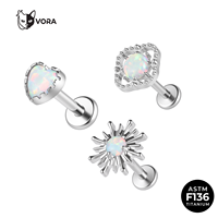 Piercing Labret en Titane ASTM F136 avec Opale Synthétique, Filetage Interne, Motifs Cœur, Rayon de Soleil et Carré, pour Hélix et Tragus
