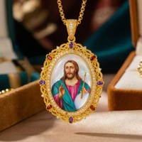 Pendentif icône orthodoxe de Jésus-Christ Roi de tous, en lapis-lazuli, pierre précieuse religieuse, peint à la main, style byzantin