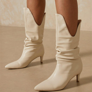 Western Style <b>Slip</b>-on <b>Half</b> Knee High Women Boots Stiletto Heels Slang Cut Sexy Casual Winter Shoes Midi Calf Size 43 - Product Image 5