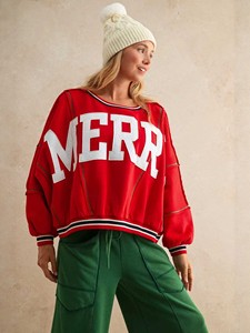 <b>Women's</b> Oversized Red Crewneck Sweatshirt With <b>White</b> Letter Patchwork Emb Casual Varsity Streetwear <b>Hoodie</b> - Product Image 4