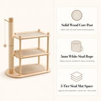 Lit pour chat en bois naturel à 3 niveaux, tour à gratter en sisal, hamac en jute, jouet à suspendre avec balle pour chats d'intérieur
