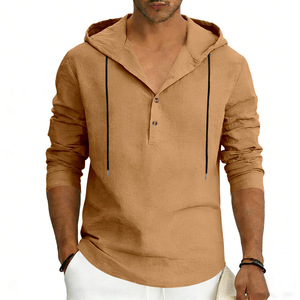 Chemise en coton et lin pour homme, nouvelle collection printemps, à capuche, manches longues, boutonnée, ornée de perles, couleur unie, polyvalente - Product Image 4