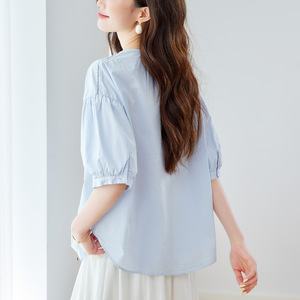 Chemise en coton bleu clair pour femme, manches courtes, nouvelle collection été 2026, coupe ample, manches lanternes, 100% coton - Product Image 4