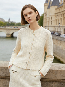 WK31 <span class=keywords><strong>Cardigan</strong></span> di Lusso Personalizzato 100% Lana, Lavorazione Jacquard Traforata, Collo Tondo, Bordi Ondulati per Donna - Product Image 1