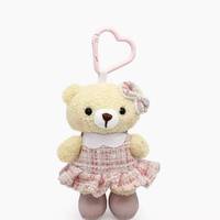 Porte-clés en peluche ours en peluche beige Kawaii avec clip cœur, robe scintillante, col en fourrure, animal en peluche, pendentif de sac, cadeau pour filles