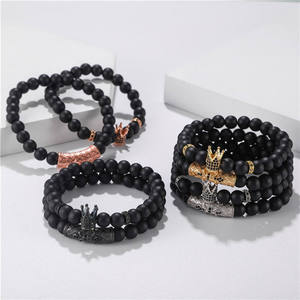 Clásico 2 unid/set Stretch Black Pulsera de cuentas de acero inoxidable para hombre Pave Zircon Cz Ball Skull Lion Charms Pulseras Conjunto de joyería - Product Image 3