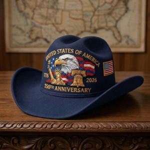 Chapeau de cowboy vintage style western USA, broderie Aigle Cloche de la Liberté, drapeau, 250e anniversaire, style patriotique, casquette de cowboy en feutre - Product Image 2
