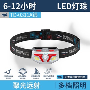 ไฟฉายคาดศีรษะแบบชาร์จได้ Smiling Shark ระยะ 100-200 ม. ชนิด Type-C USB LED พร้อมเซ็นเซอร์ตรวจจับคลื่น สำหรับเดินป่า ตั้งแคมป์ ตกปลาตอนกลางคืน - Product Image 5