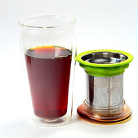 Mug de voyage en verre borosilicate à double paroi, design moderne, fait main, personnalisé, 450 ml (15 oz), infuseur à thé en acier inoxydable, portable, sans BPA