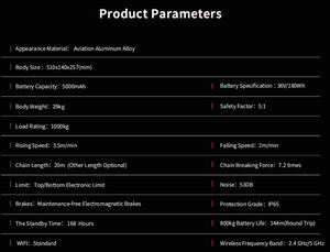 Alat Angkat Rantai Listrik 1000KG dengan Baterai, WiFi, LP65, Faktor Keamanan 5:1, Kekuatan Putus Rantai 7,2 Kali Lipat, untuk Penggunaan Dalam dan Luar Ruangan - Product Image 3