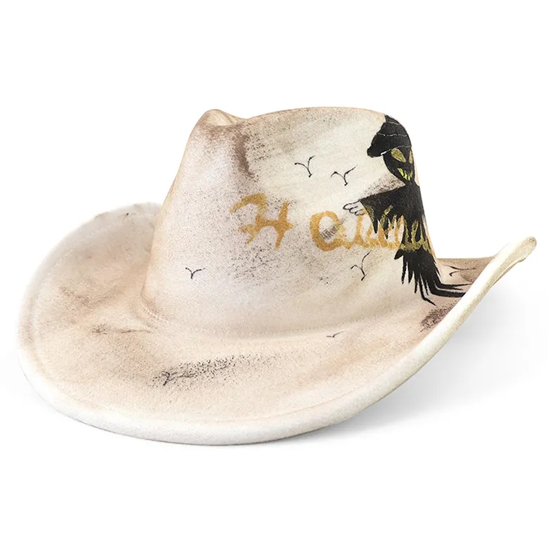 قبعة رعاة البقر الغربية المرسومة يدويًا ذات حافة واسعة مخصصة احترافية للهالوين