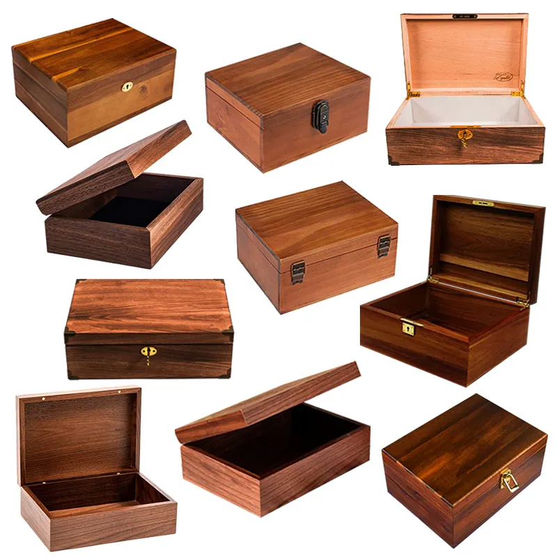 Boîtes de rangement en bois massif brun foncé personnalisées et boîte en bois à charnière différents styles boisé emballé boxe