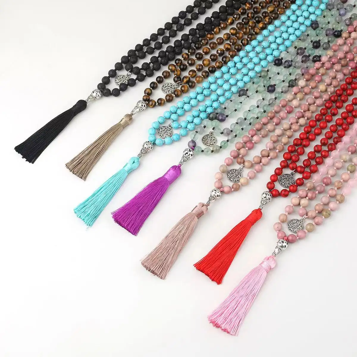 Popular Bohemian Healing Crystal Necklaces Long Tassel 8mm Natural Stone Buddha Prayer Beads Long Mala Beads 108 Necklace