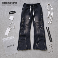 Celana Lebar RAMAX 400GSM Hitam Dicuci dengan Panel Ritsleting Ganda, Streetwear Utilitas untuk Pakaian Grosir Kustom