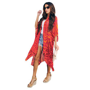 Kimono de plage rouge en rayonne imprimée pour femme, chemisier de plage, couvre-maillot de bain - Product Image 5