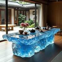 Table à manger/à café moderne minimaliste haut de gamme transparente illuminée en cristal de glace avec plateau en résine lumineuse pour salon ou comptoir de bar