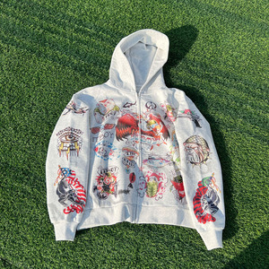 Sudadera con capucha y cremallera recortada con bolsillo de canguro, ropa de calle con estampado completo personalizado de fábrica para hombre - Product Image 5