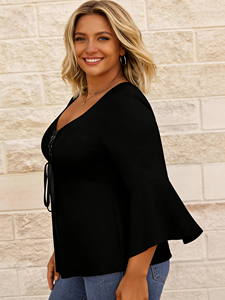 Blusa de Talla Grande Negra Casual con Encaje, Manga Tres Cuartos, Cuello en V, Botones, Fruncido Delantero y Lazo para Mujer - Product Image 6